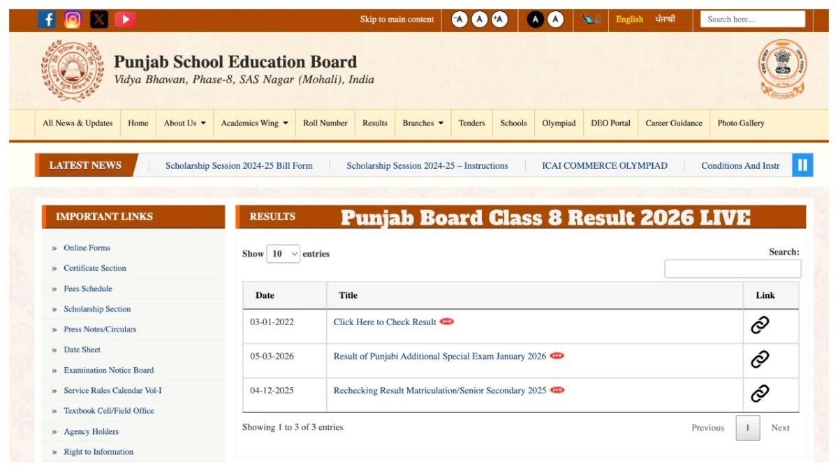Punjab Board Class 8 Result
